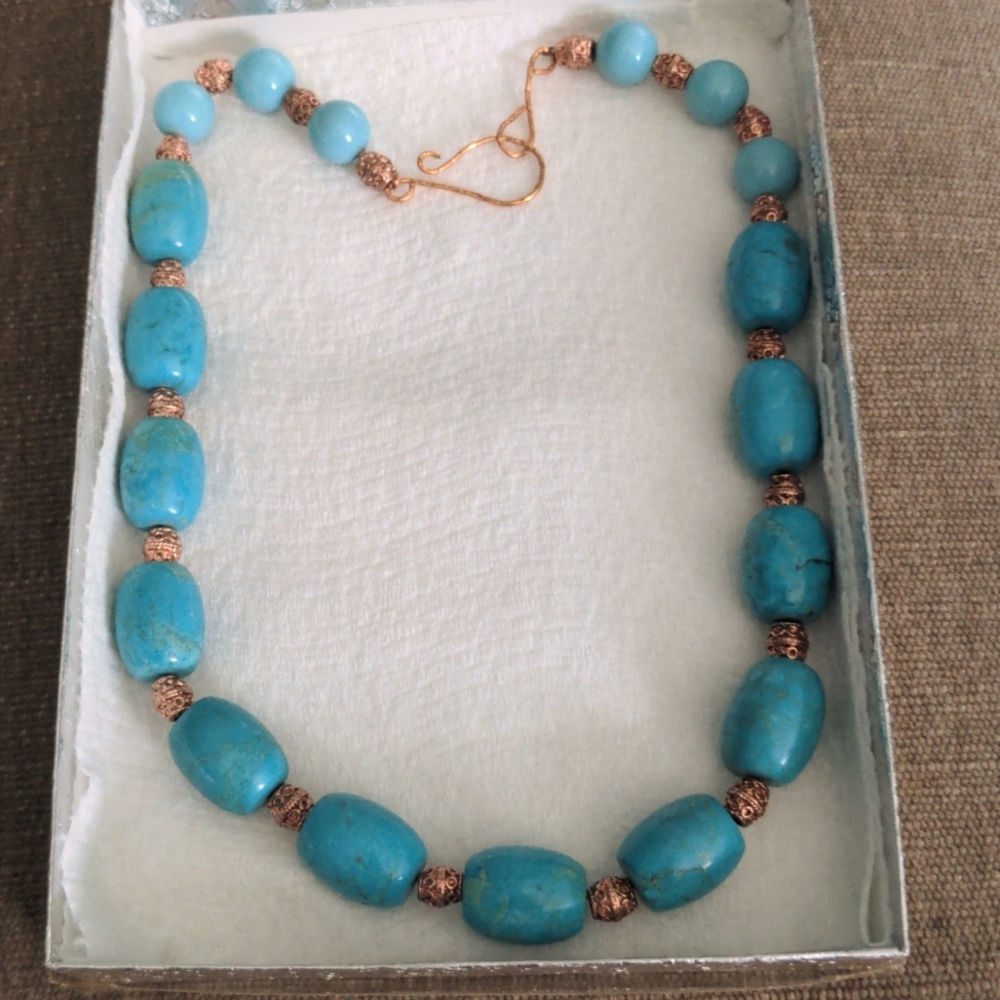 Turquoise & Copper Bead Necklace. New, Handcrafted, 20" Robin's Egg Blue, Boho